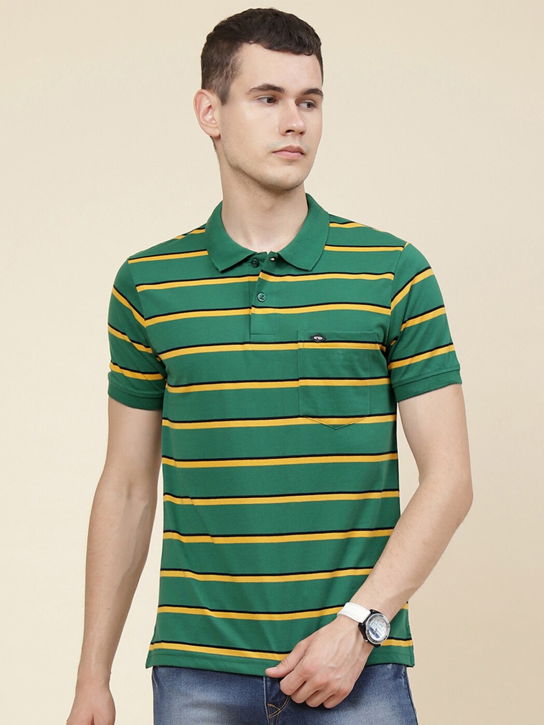 

Cloak & Decker by Monte Carlo Striped Polo Collar Cotton T-shirt, Green