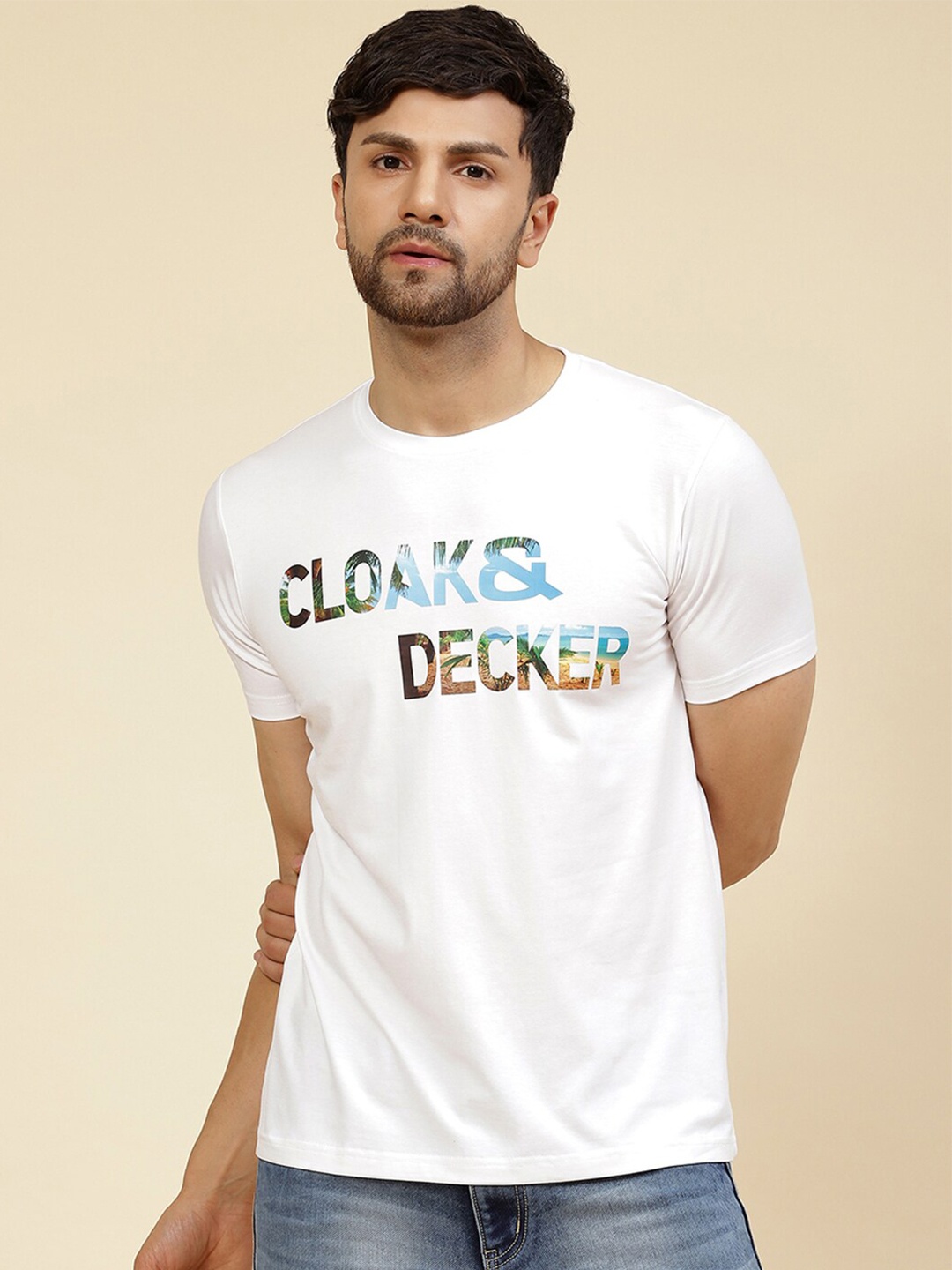 

Cloak & Decker by Monte Carlo Typography Printed Cotton T-shirt, White