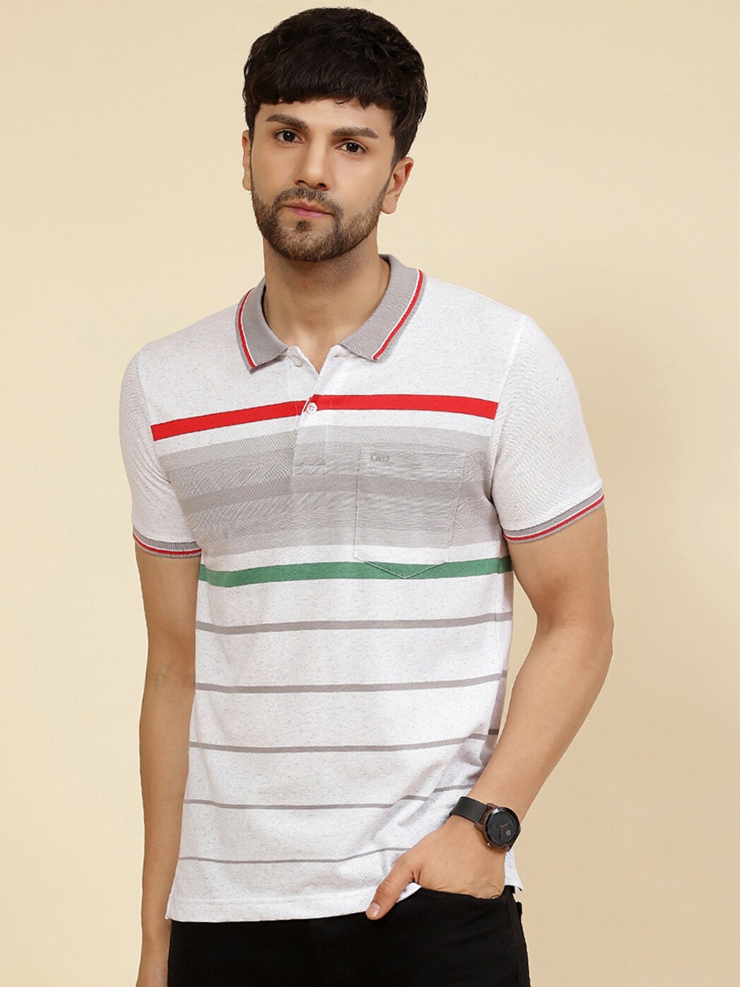 

Cloak & Decker by Monte Carlo Striped Polo Collar Short Sleeves Cotton T-shirt, Grey