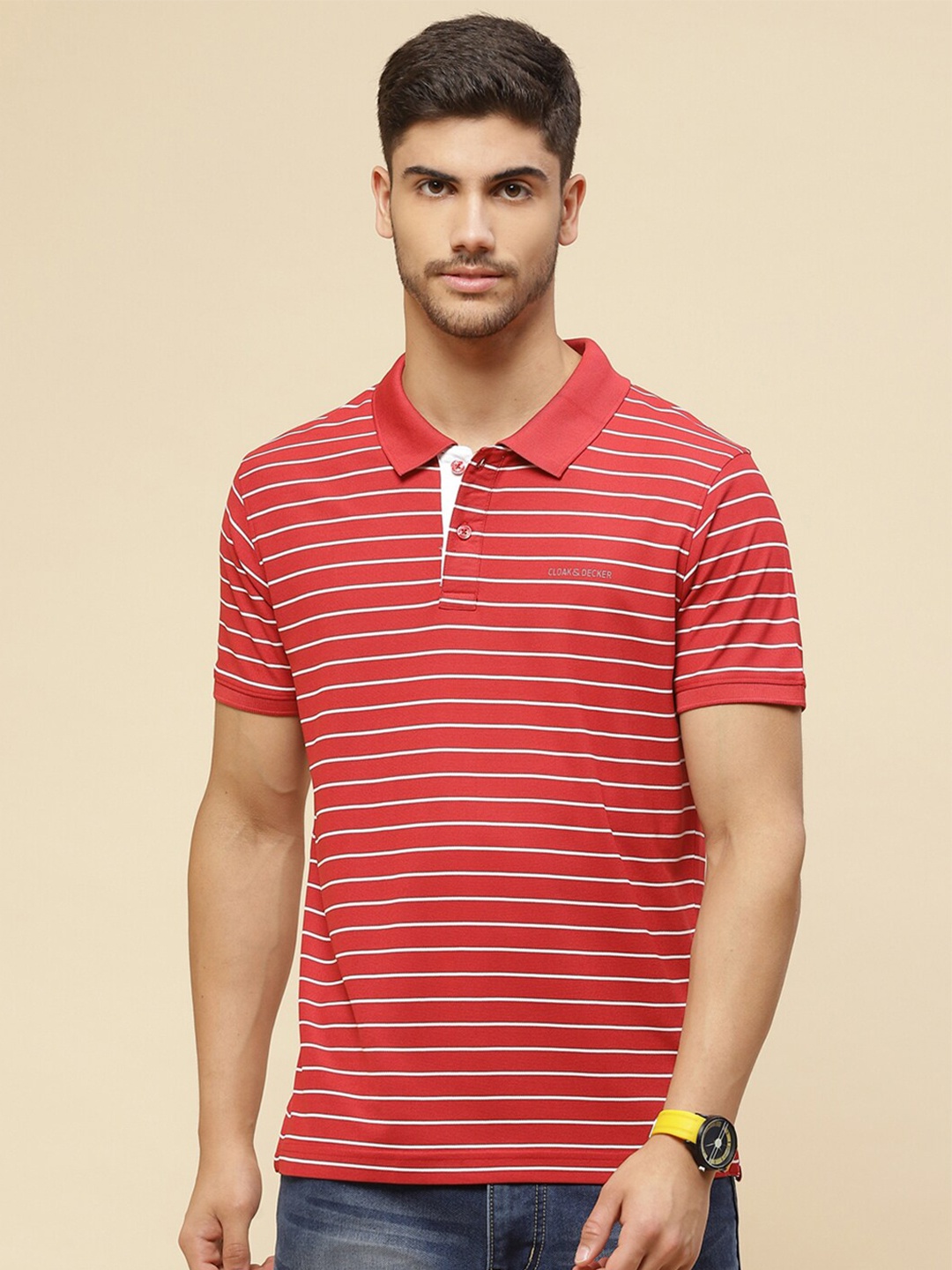 

Cloak & Decker by Monte Carlo Striped Polo Collar Cotton T-Shirt, Red