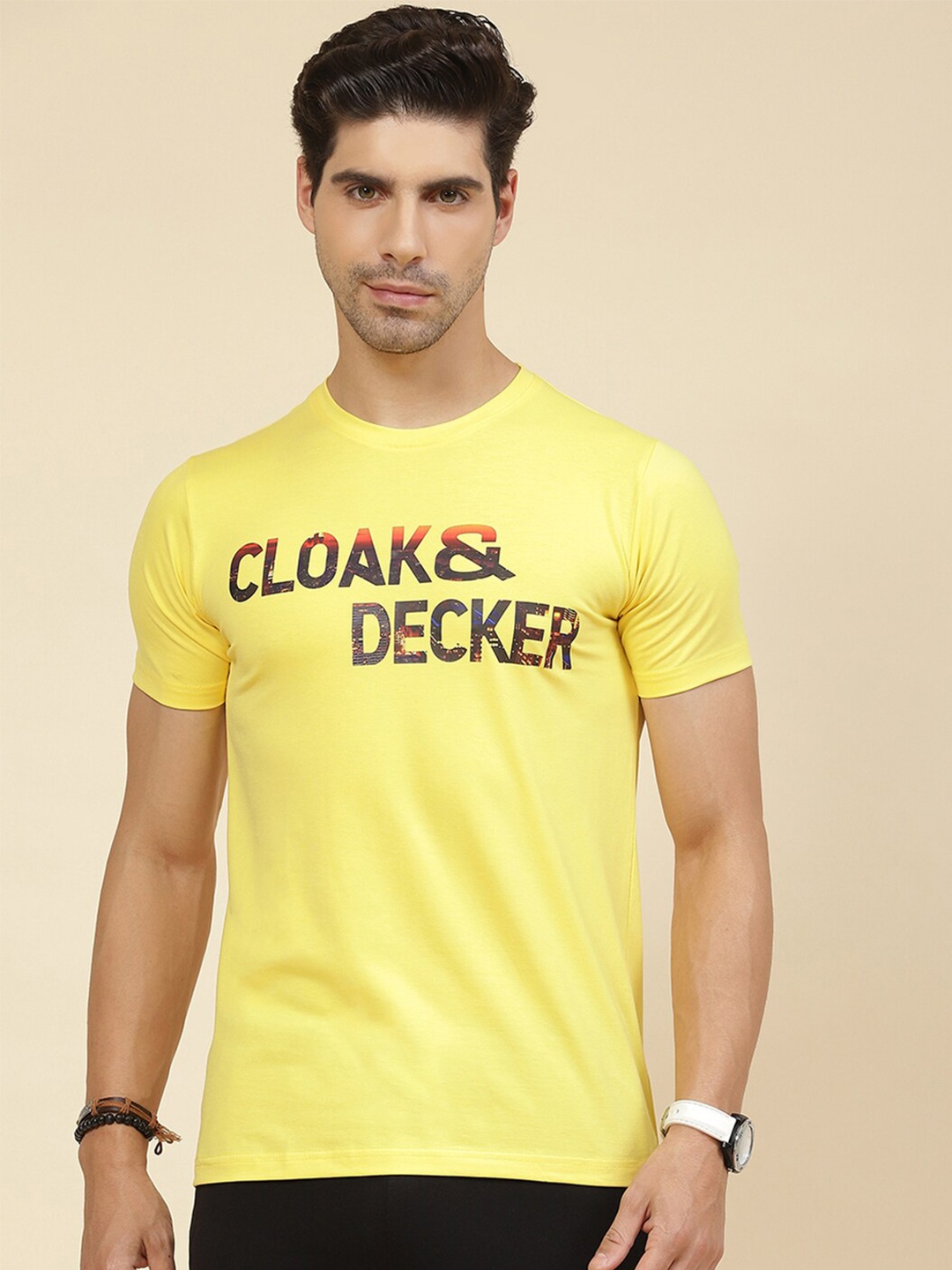 

Cloak & Decker by Monte Carlo Typography Printed Cotton T-shirt, Yellow