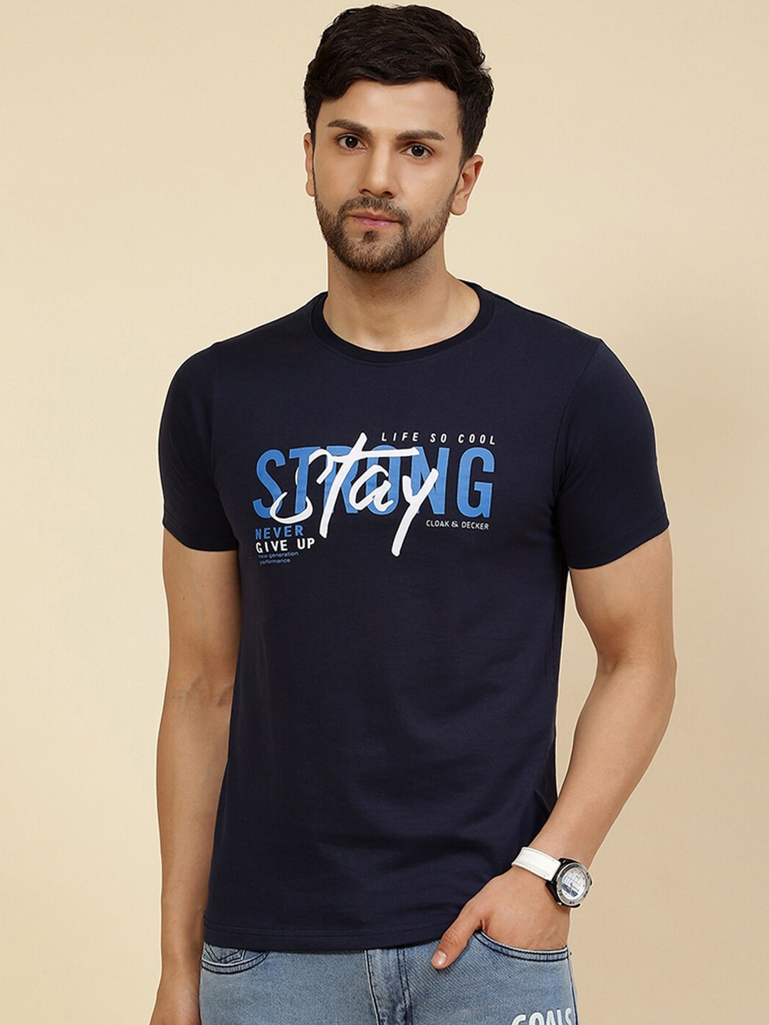 

Cloak & Decker by Monte Carlo Typography Printed Cotton T-shirt, Navy blue
