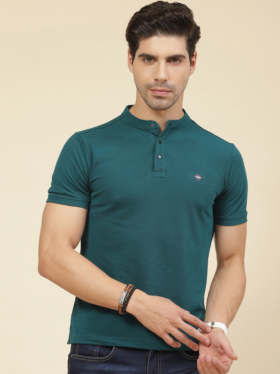 

Cloak & Decker by Monte Carlo Band Collar Short Sleeves Cotton T-shirt, Green