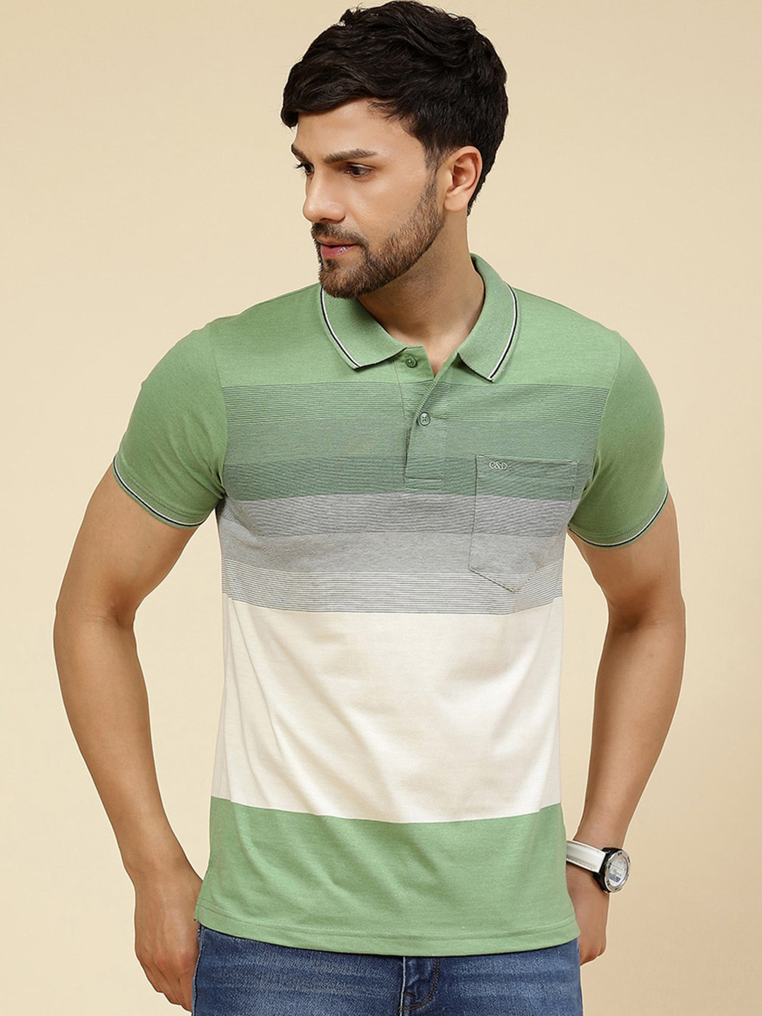 

Cloak & Decker by Monte Carlo Striped Cotton Polo T-shirt, Green