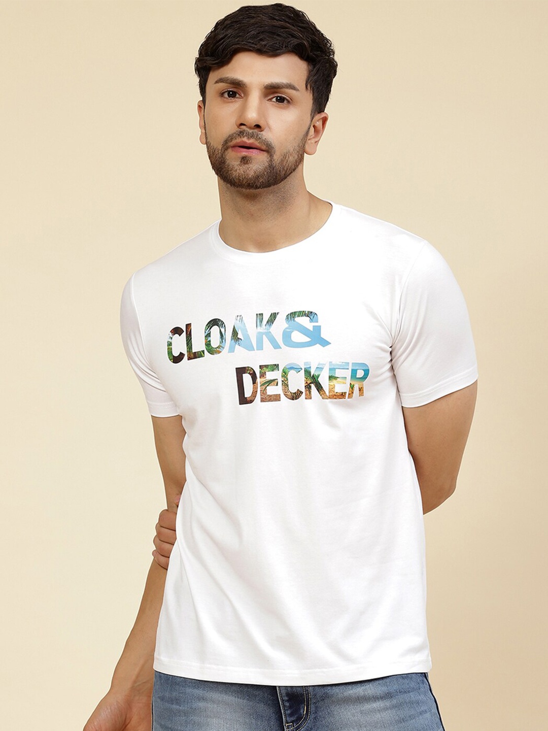 

Cloak & Decker by Monte Carlo Typography Printed Round Neck Cotton T-shirt, White
