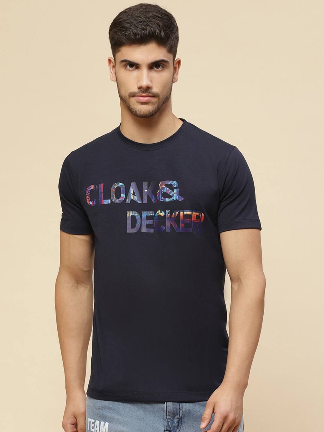 

Cloak & Decker by Monte Carlo Typography Printed Round Neck Cotton T-shirt, Navy blue