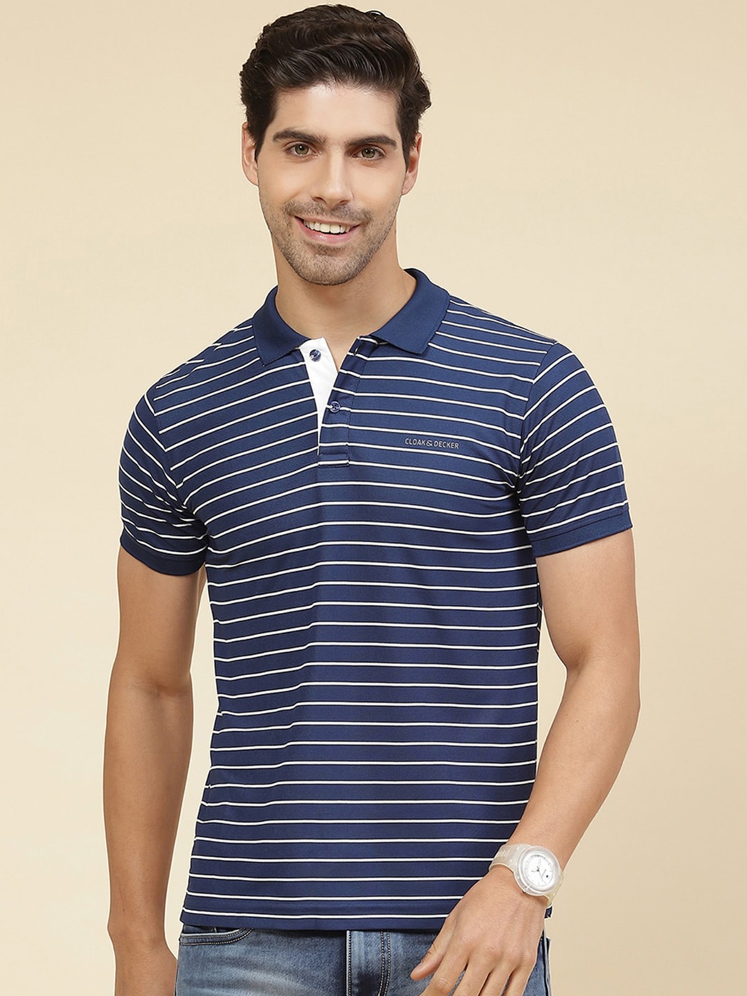 

Cloak & Decker by Monte Carlo Striped Polo Collar Cotton T-shirt, Navy blue