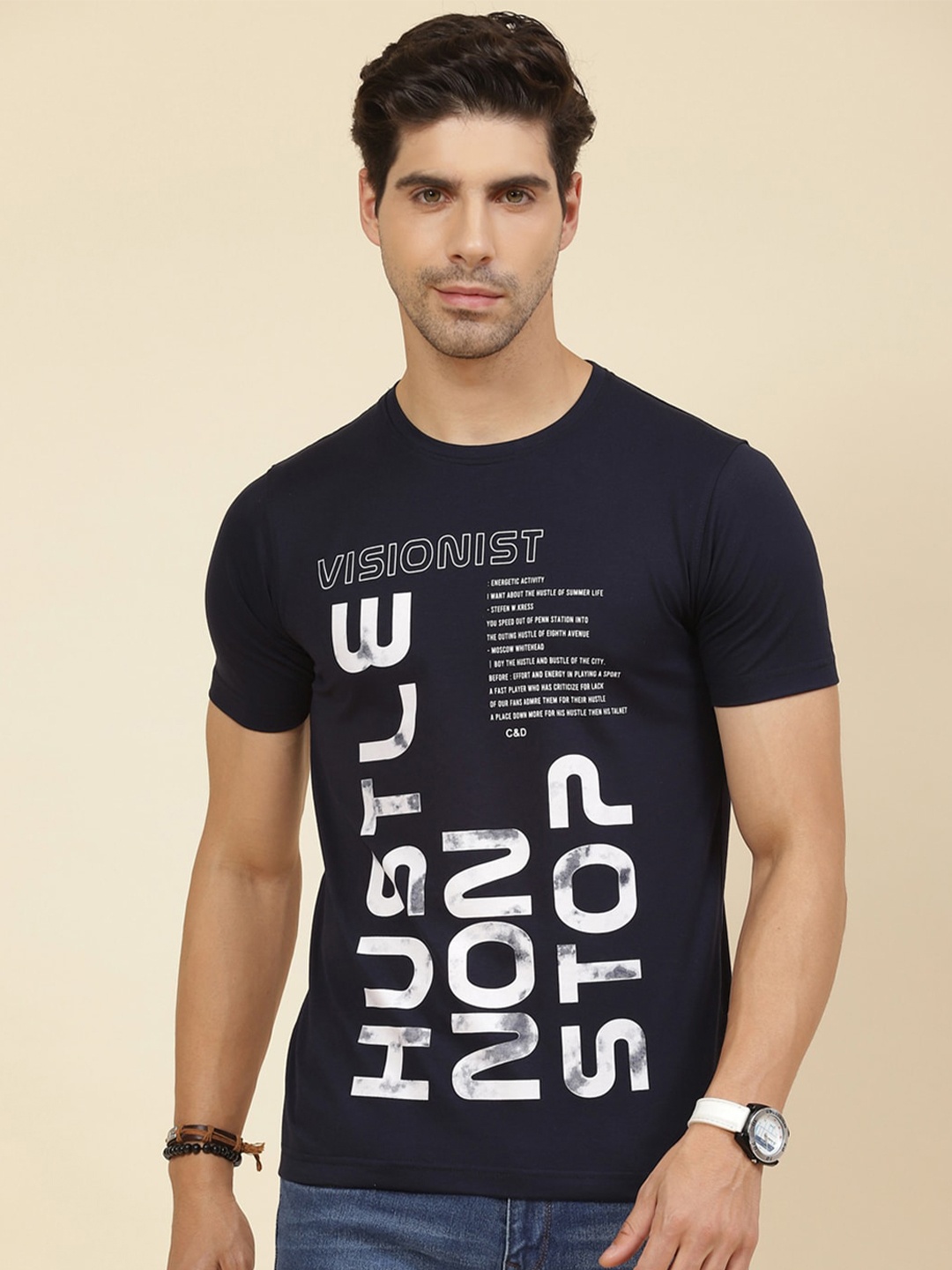 

Cloak & Decker by Monte Carlo Typography Printed Cotton T-shirt, Navy blue
