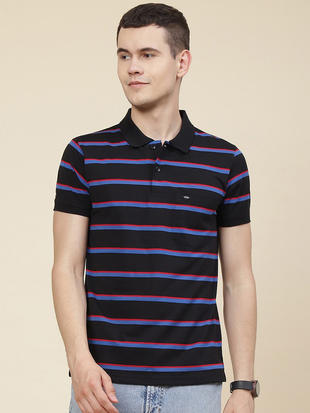 

Cloak & Decker by Monte Carlo Striped Polo Collar Cotton T-Shirt, Black