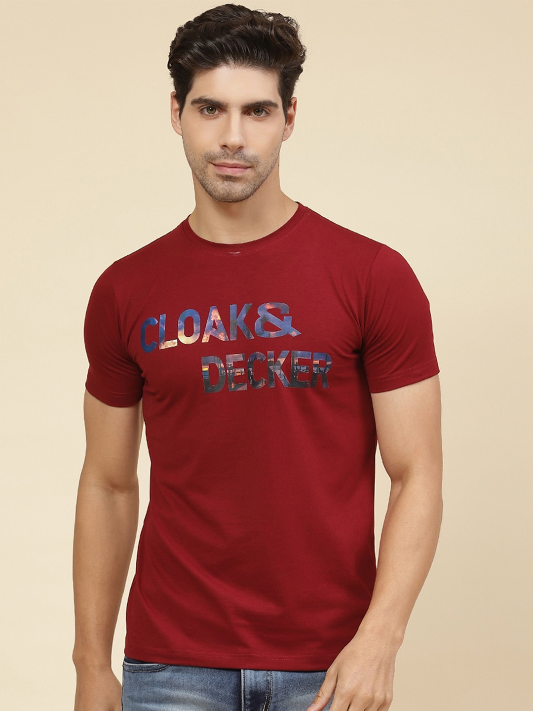 

Cloak & Decker by Monte Carlo Typography Printed Cotton T-Shirt, Maroon