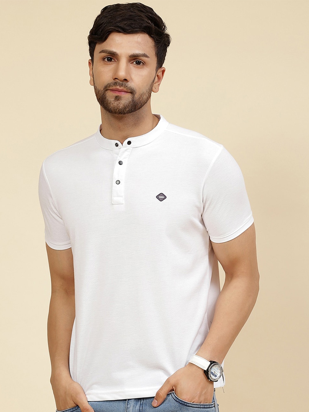 

Cloak & Decker by Monte Carlo Mandarin Collar Cotton T-Shirt, White