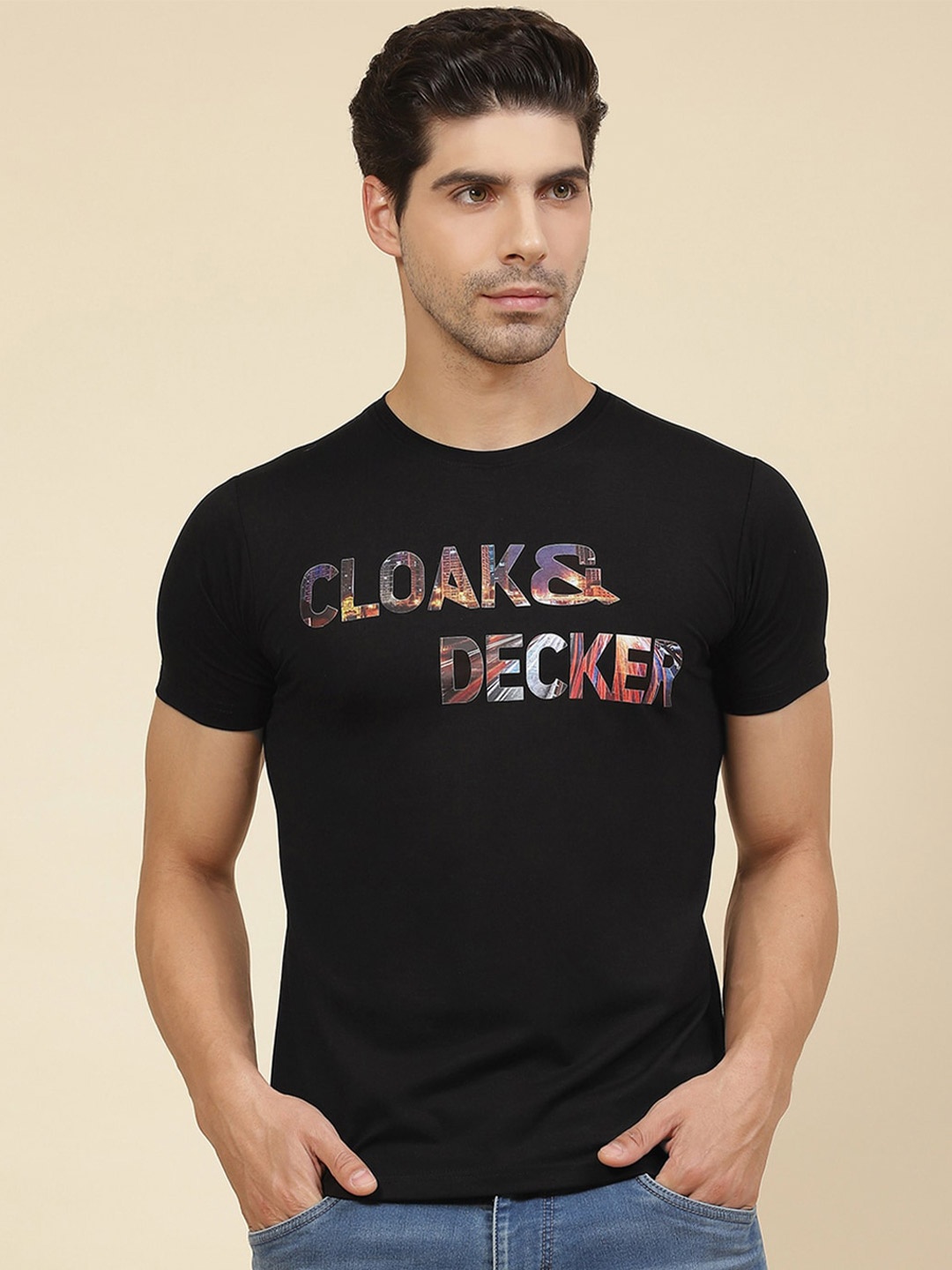 Cloak & Decker by Monte Carlo Typography Printed Cotton T-shirt, Black