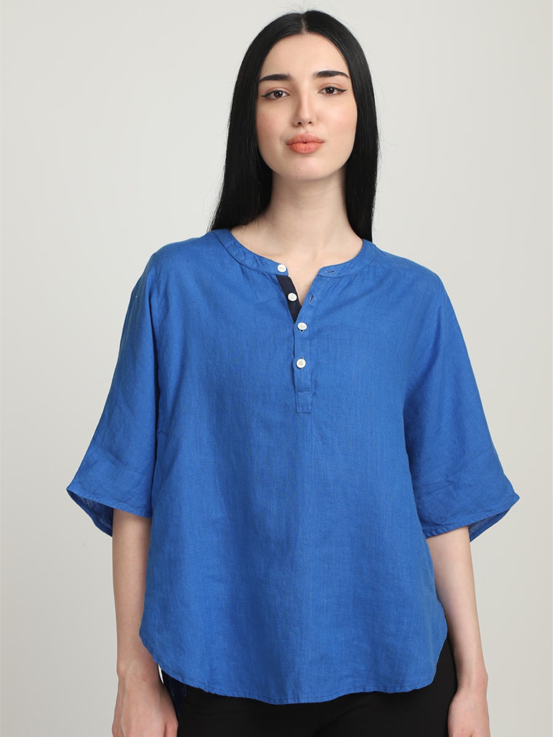 

Proyog Mandarin Collar Extended Sleeves Linen Kimono Top, Blue