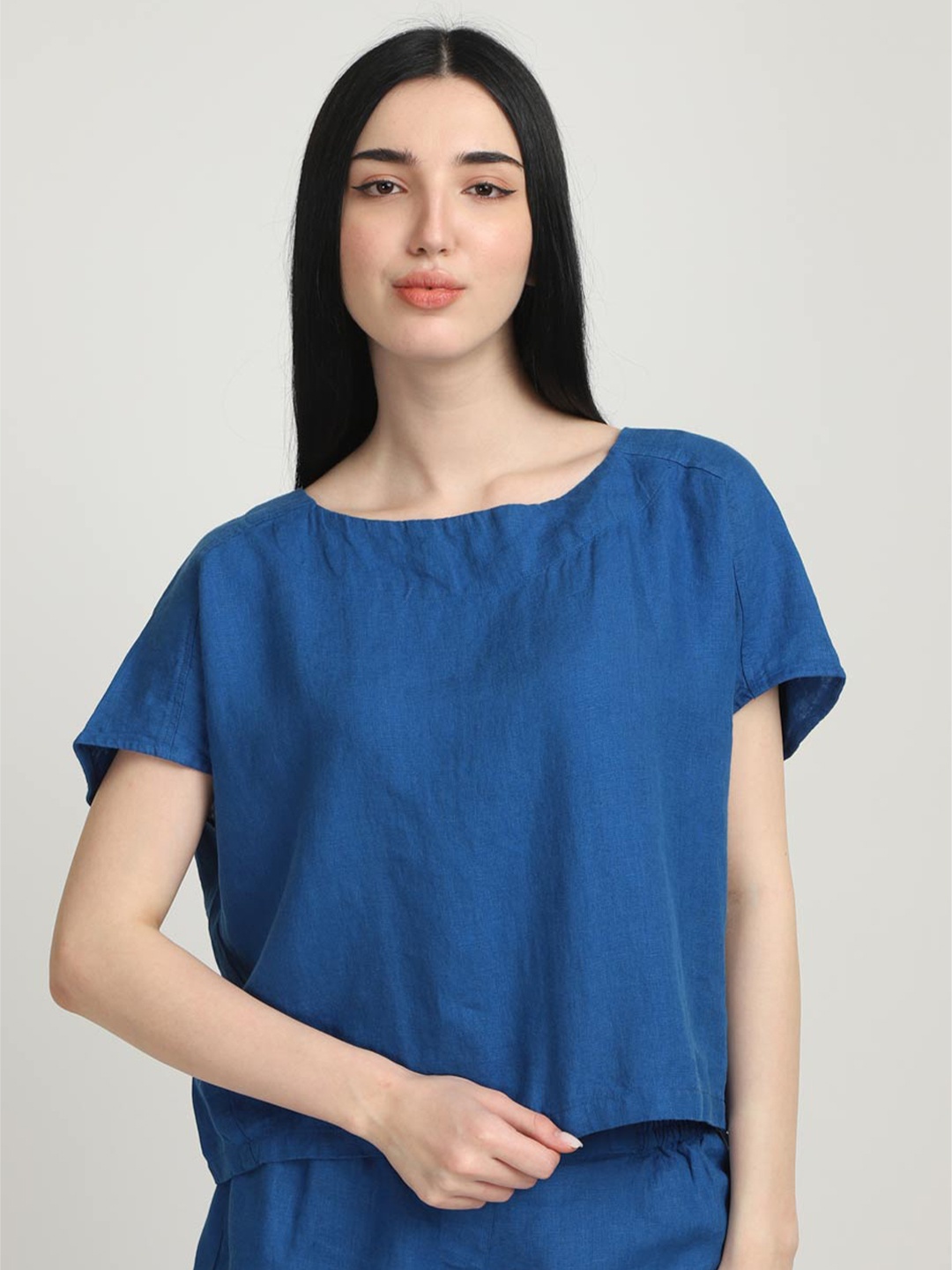 

Proyog Extended Sleeves Linen Boxy Top, Blue