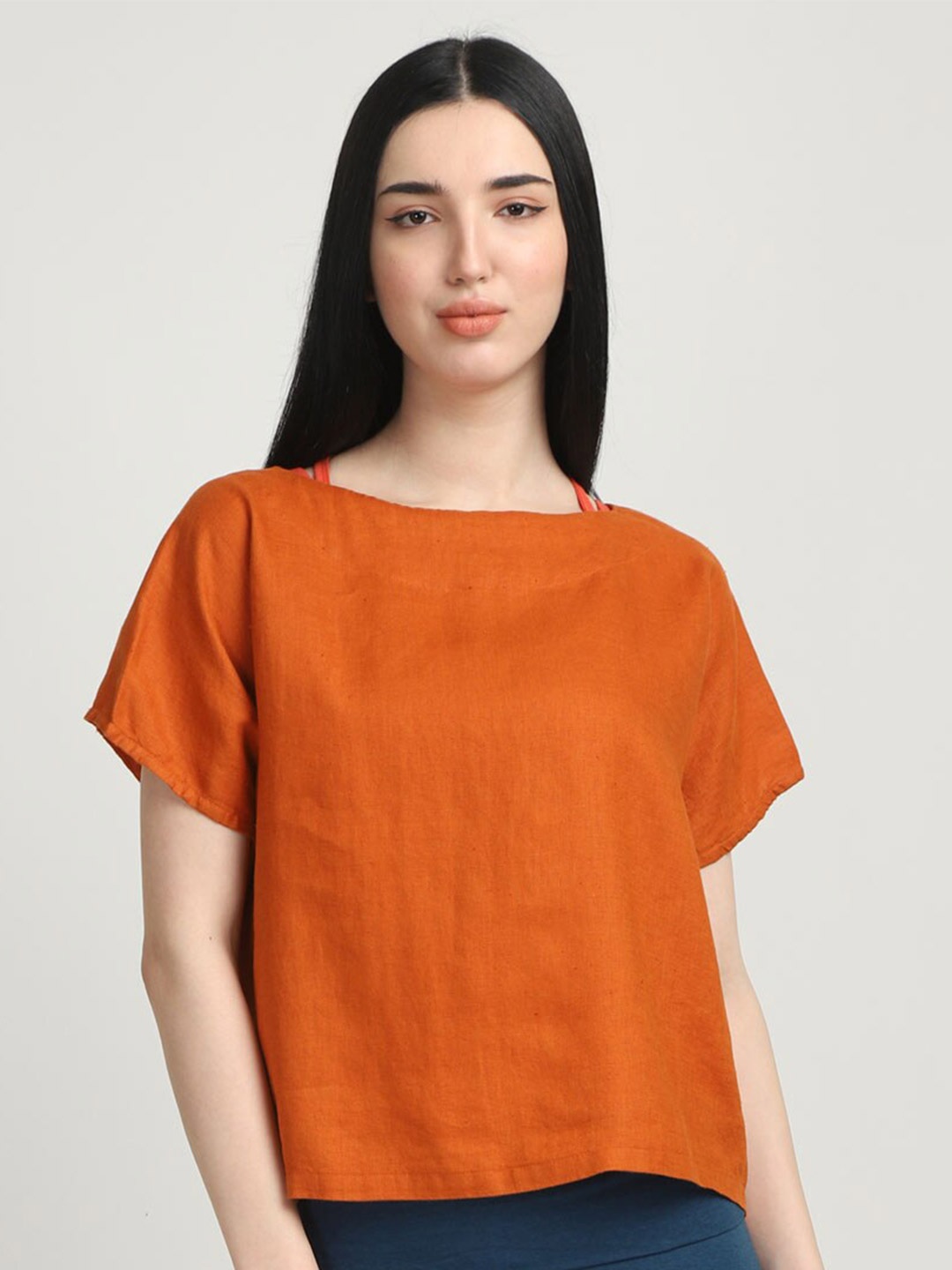 

Proyog Boat Neck Extended Sleeves Linen Boxy Top, Rust