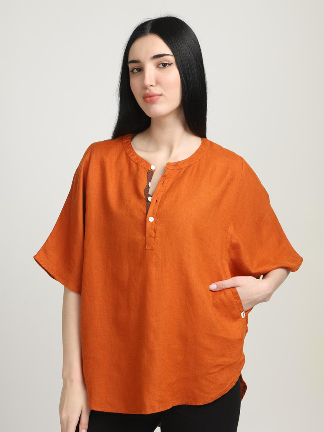 

Proyog Mandarin Collar Kimono Sleeves Linen Top, Rust