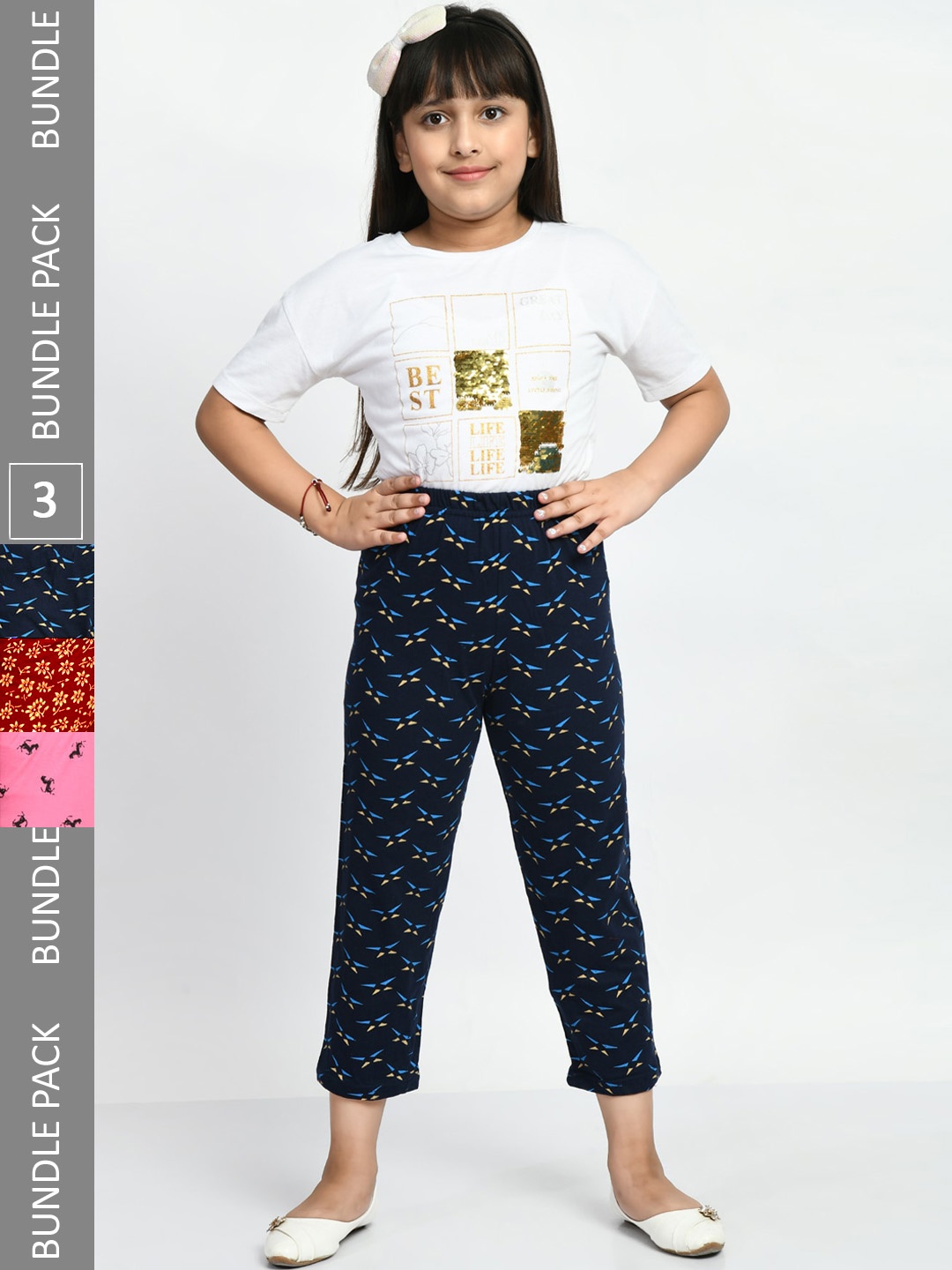 

BAESD Girls Pack Of 3 Printed Cotton Lounge Pants, Navy blue