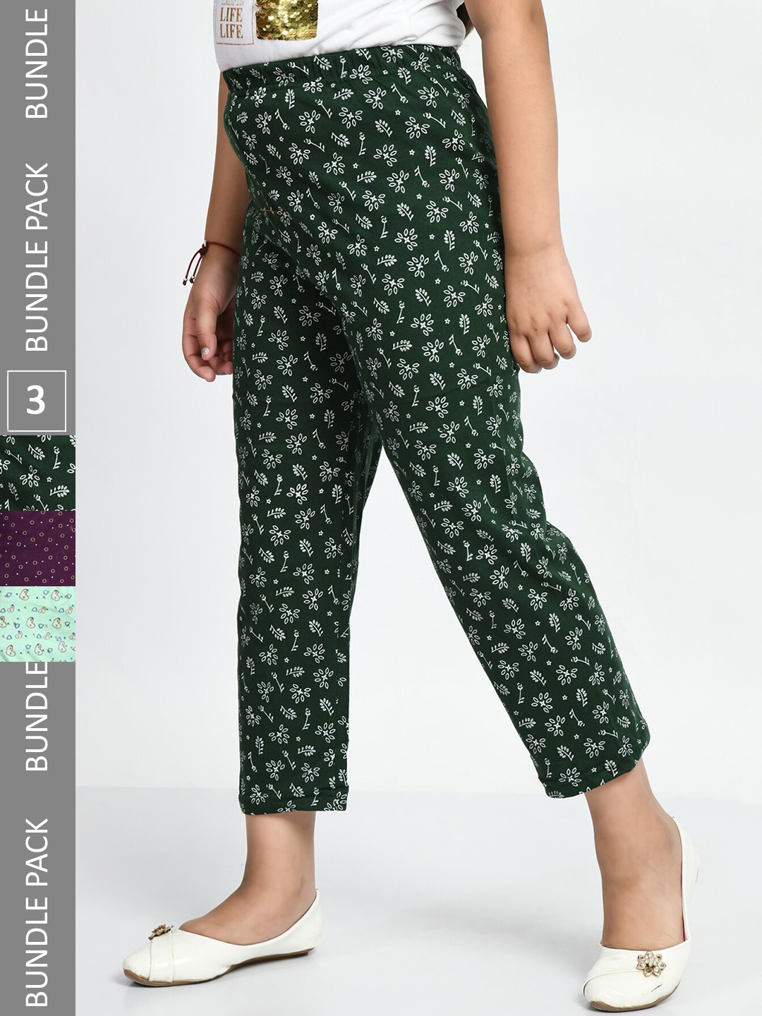 

BAESD Girls Pack Of 3 Pure Cotton Printed Lounge Pants, Green