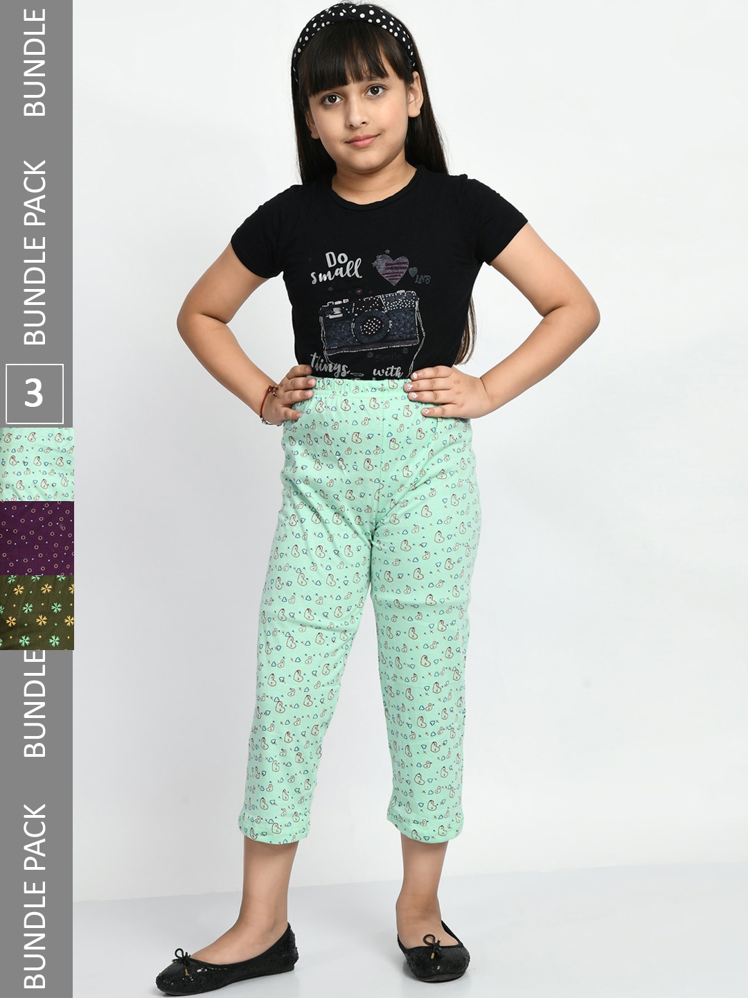 

BAESD Girls Pack Of 3 Printed Pure Cotton Lounge Pants, Green