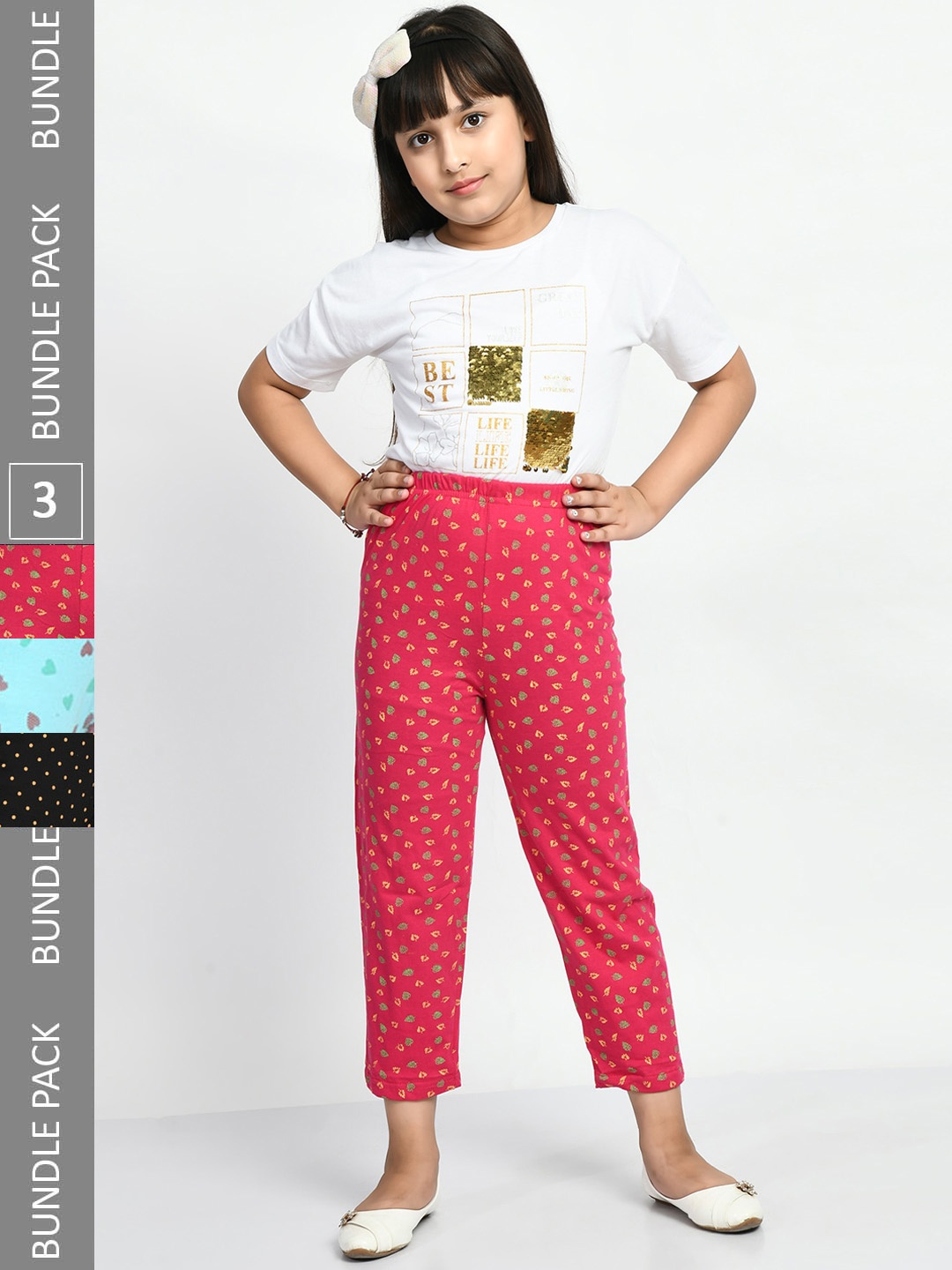 

BAESD Girls Pack Of 3 Pure Cotton Printed Lounge Pants, Pink