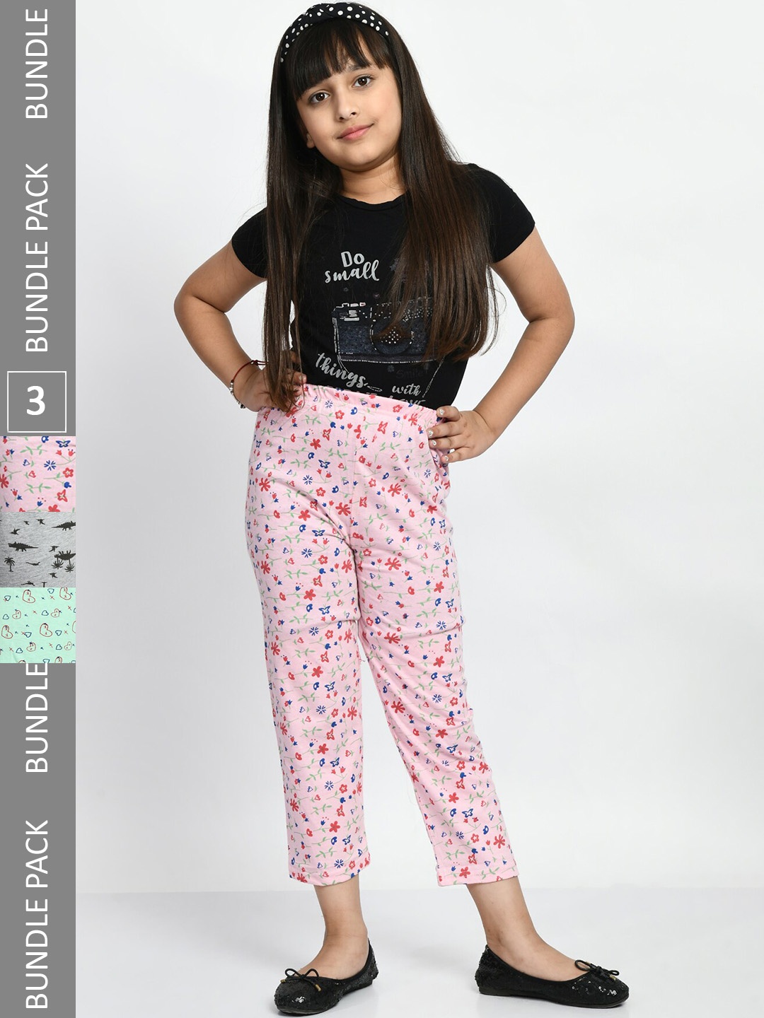 

BAESD Girls Pack Of 3 Conversatioanl Printed Pure Cotton Lounge Pants, Pink