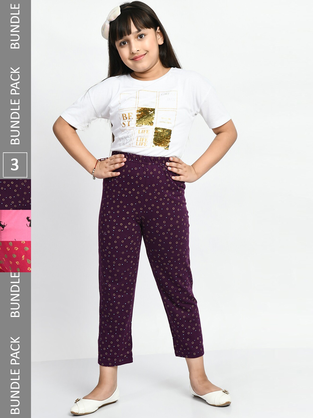 

BAESD Girls Pack Of 3 Conversational Printed Pure Cotton Lounge Pants, Purple
