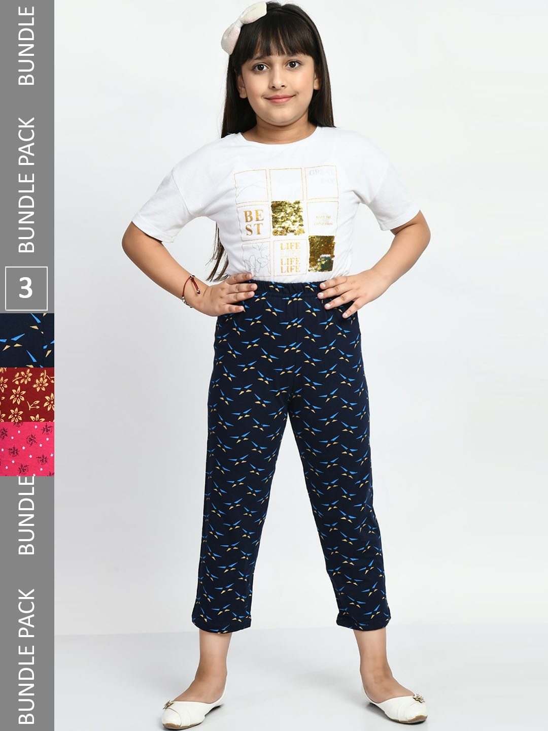 

BAESD Girls Pack Of 3 Pure Cotton Printed Lounge Pants, Navy blue