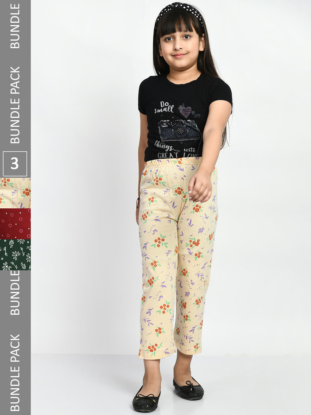 

BAESD Girls Pack Of 3 Printed Pure Cotton Mid-Rise Lounge Pants, Beige