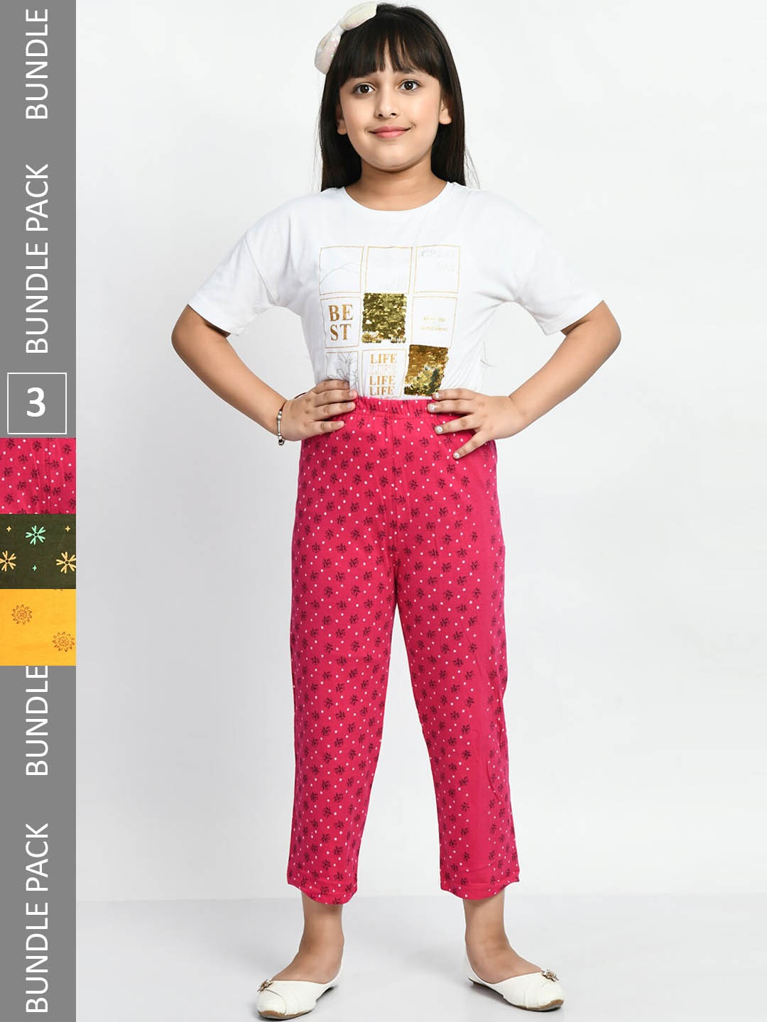 

BAESD Girls Pack Of 3 Pure Cotton Printed Lounge Pants, Yellow