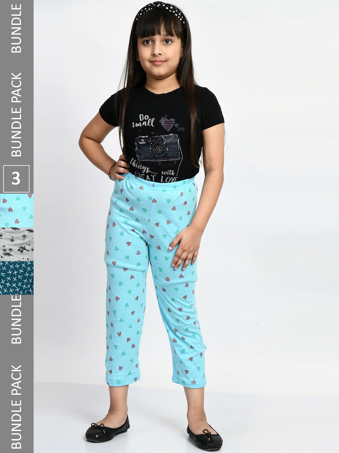 

BAESD Girls Pack Of 3 Printed Pure Cotton Mid-Rise Lounge Pants, Blue