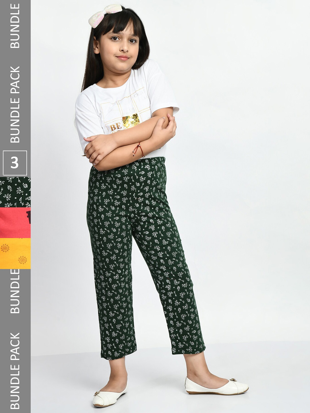 

BAESD Girls Pack Of 3 Printed Pure Cotton Lounge Pants, Green