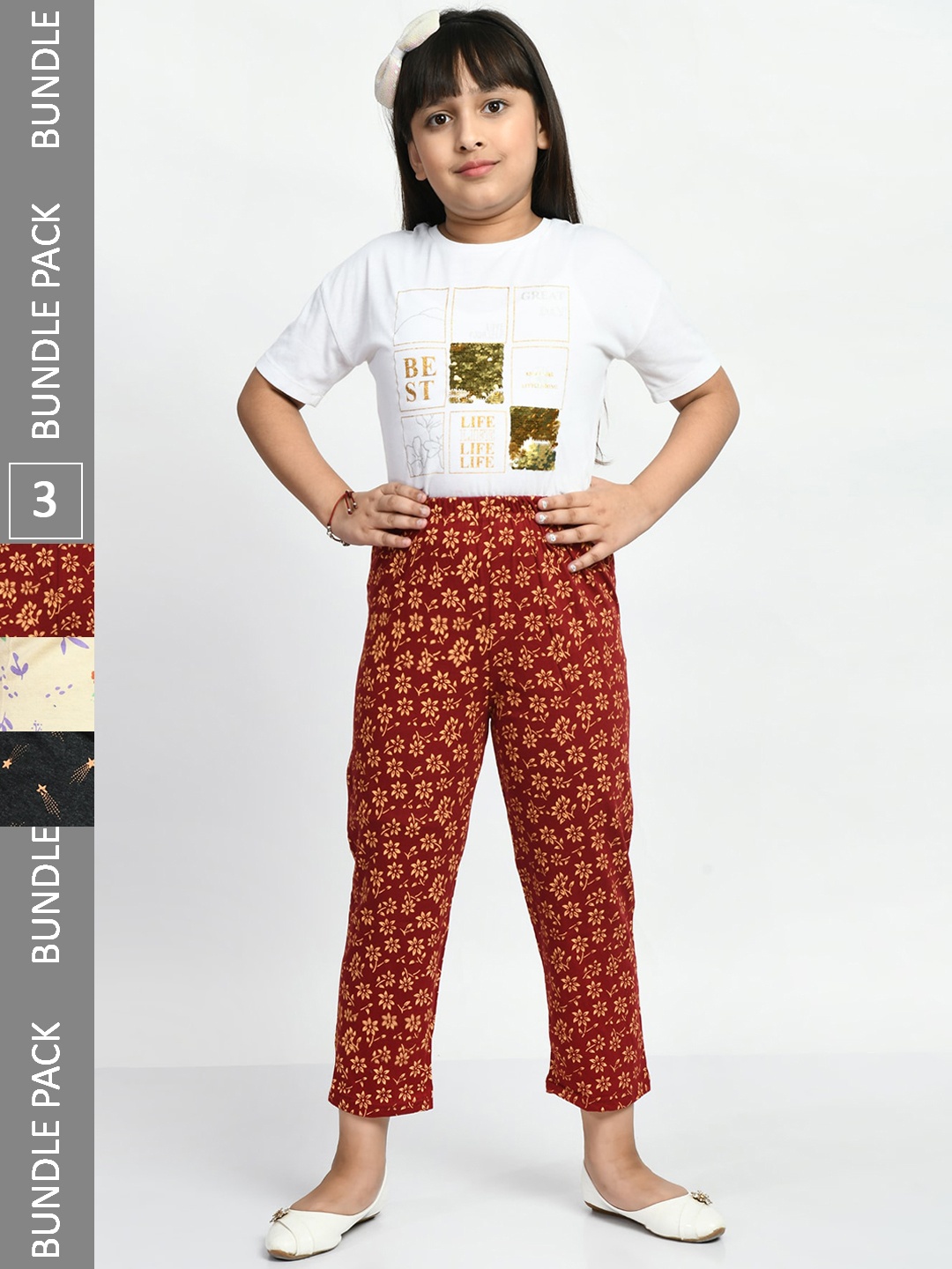 

BAESD Girls Pack Of 3 Printed Pure Cotton Lounge Pants, Red
