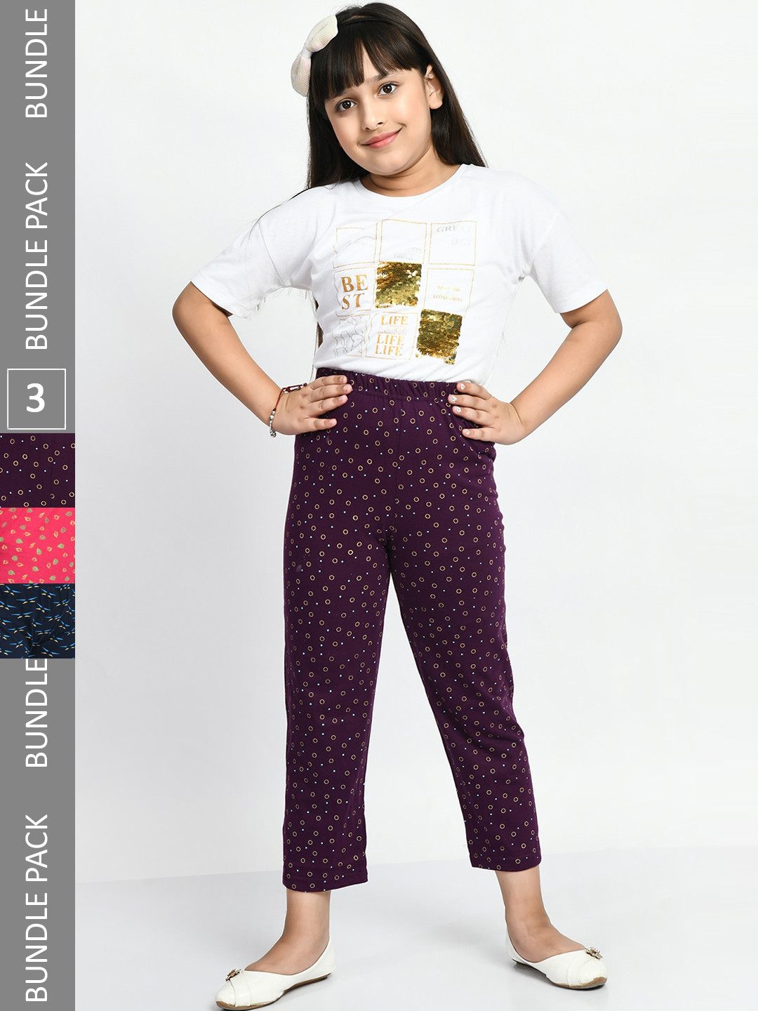 

BAESD Girls Pack Of 3 Printed Pure Cotton Lounge Pants, Purple