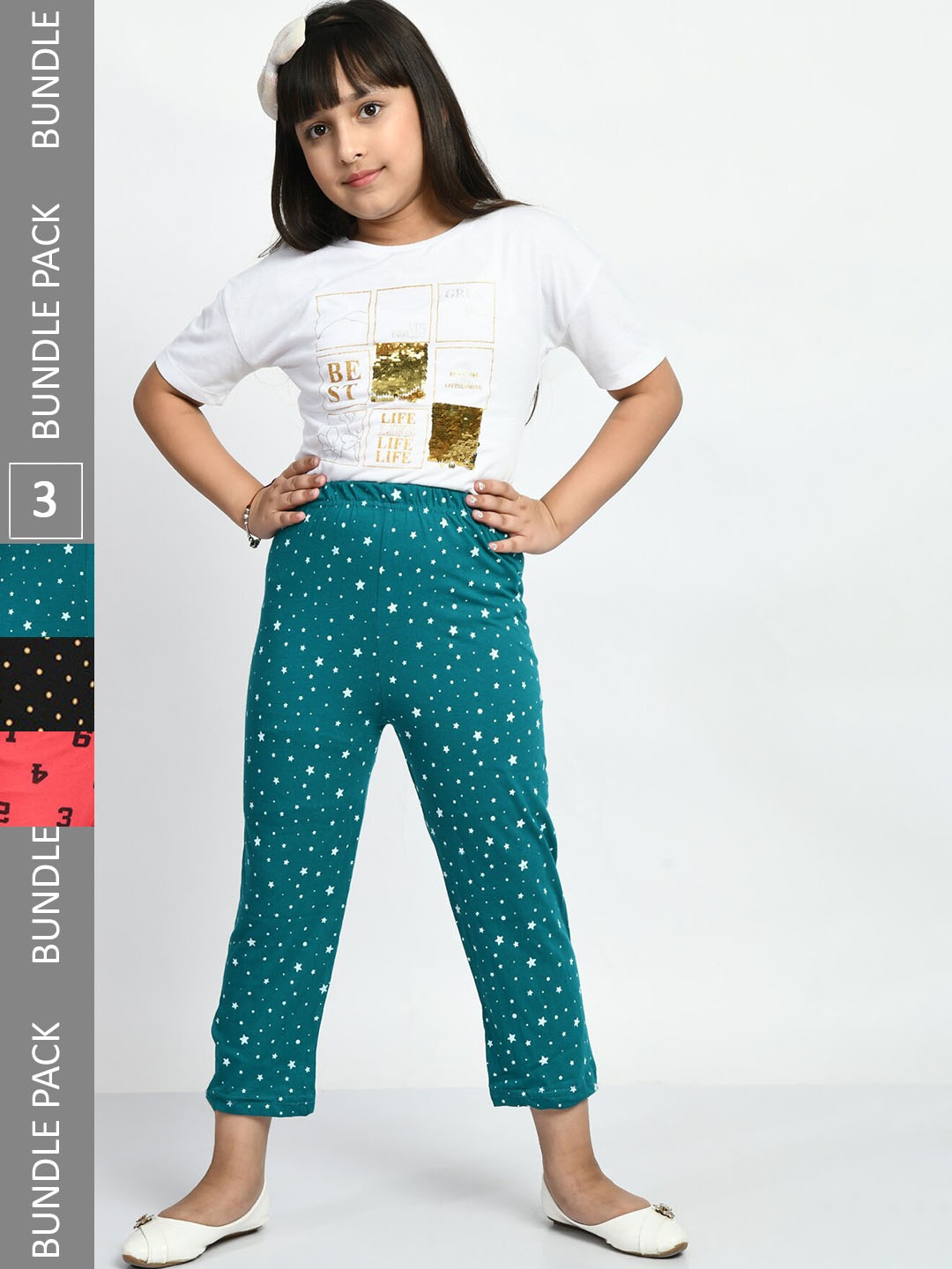 

BAESD Girls Pack Of 3 Printed Pure Cotton Lounge Pants, Teal