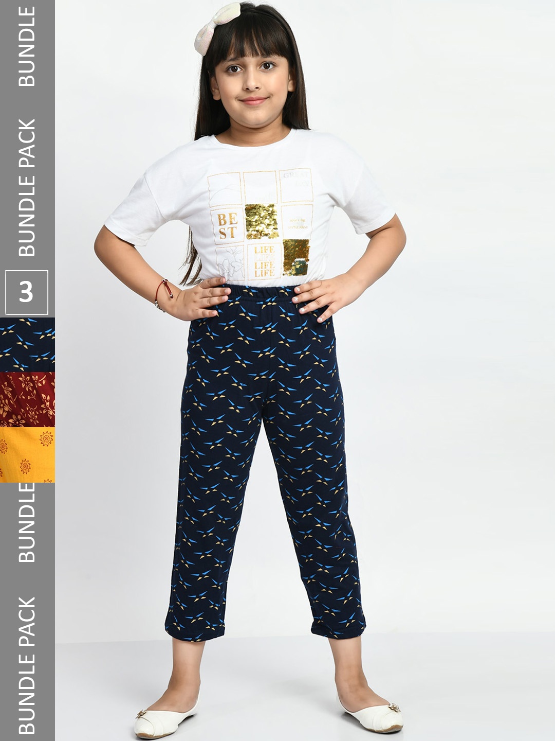 

BAESD Girls Pack Of 3 Conversational Printed Pure Cotton Lounge Pants, Navy blue