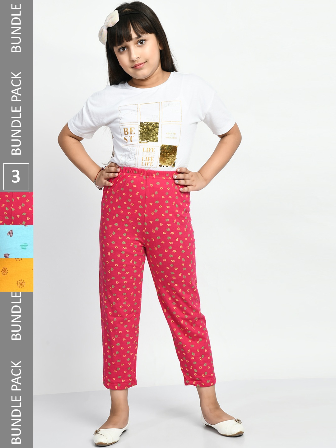 

BAESD Girls Pack Of 3 Conversatioanl Printed Pure Cotton Lounge Pants, Red