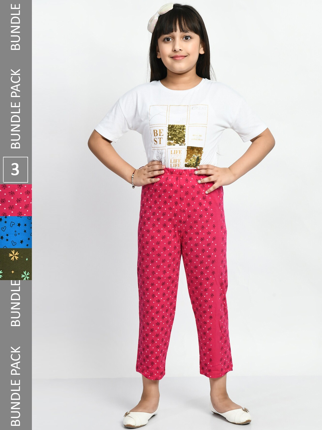 

BAESD Girls Pack Of 3 Pure Cotton Printed Lounge Pants, Pink