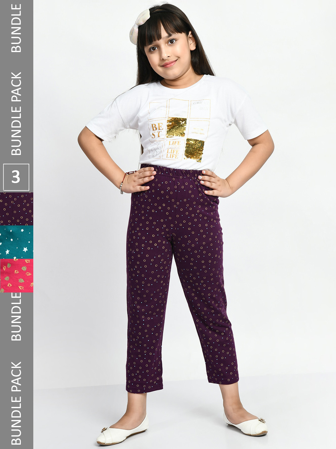 

BAESD Girls Pack Of 3 Printed Pure Cotton Lounge Pants, Purple