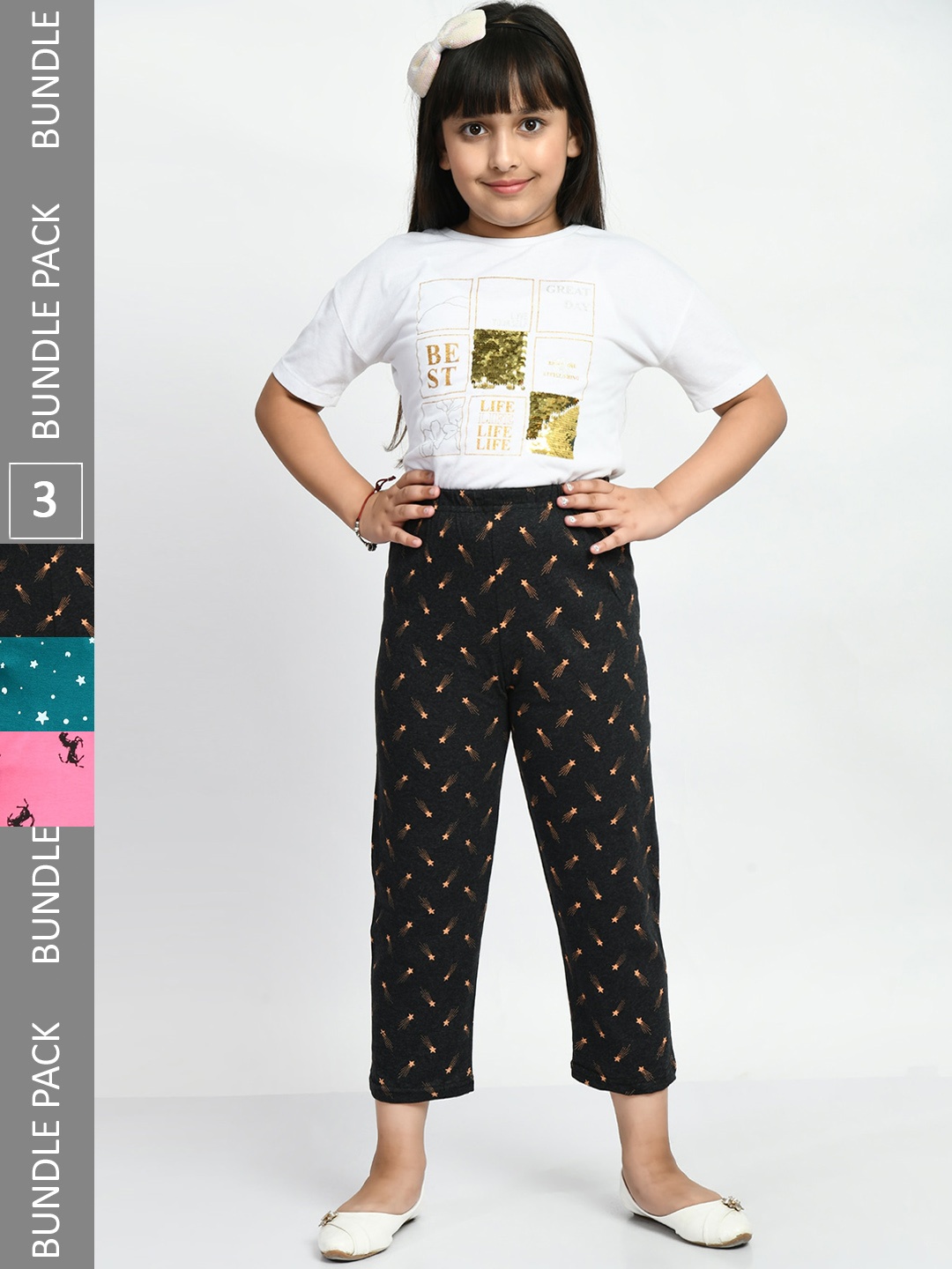 

BAESD Girls Pack Of 3 Printed Pure Cotton Mid-Rise Lounge Pants, Black