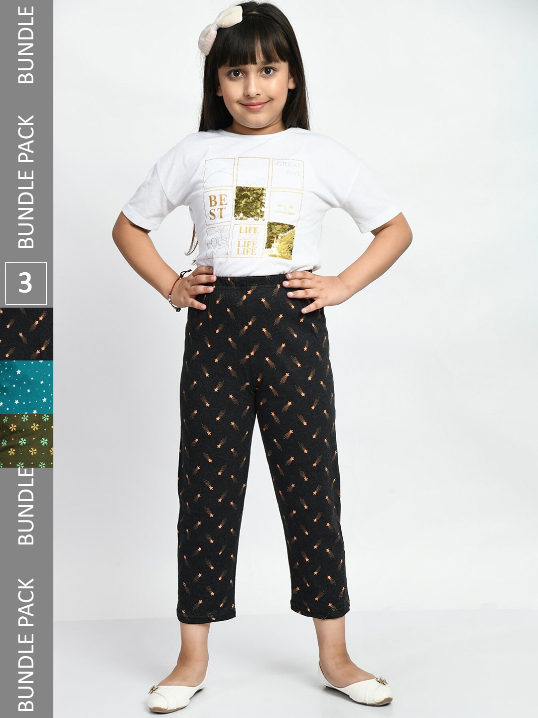 

BAESD Girls Pack Of 3 Conversational Printed Pure Cotton Lounge Pants, Black