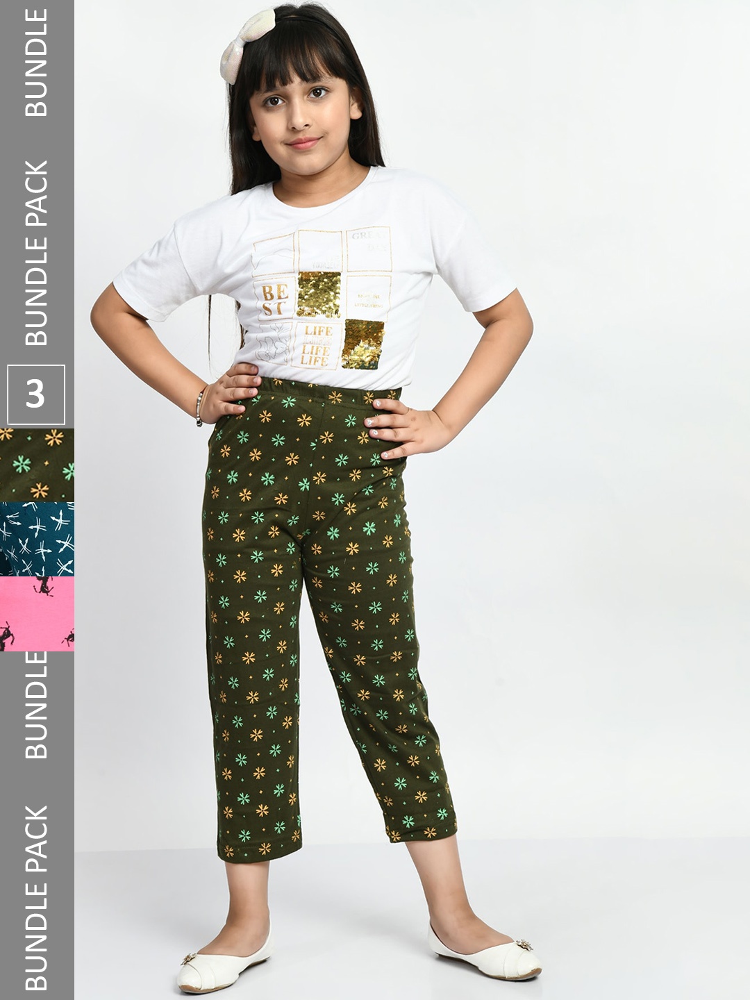 

BAESD Girls Pack Of 3 Printed Cropped Cotton Lounge Pants, Green