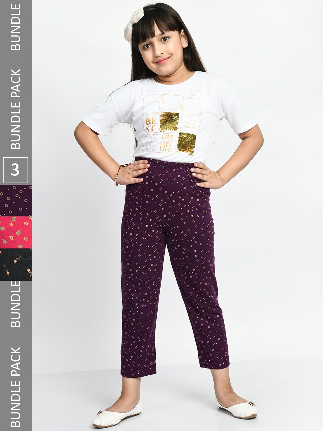

BAESD Girls Pack Of 3 Pure Cotton Printed Lounge Pants, Purple