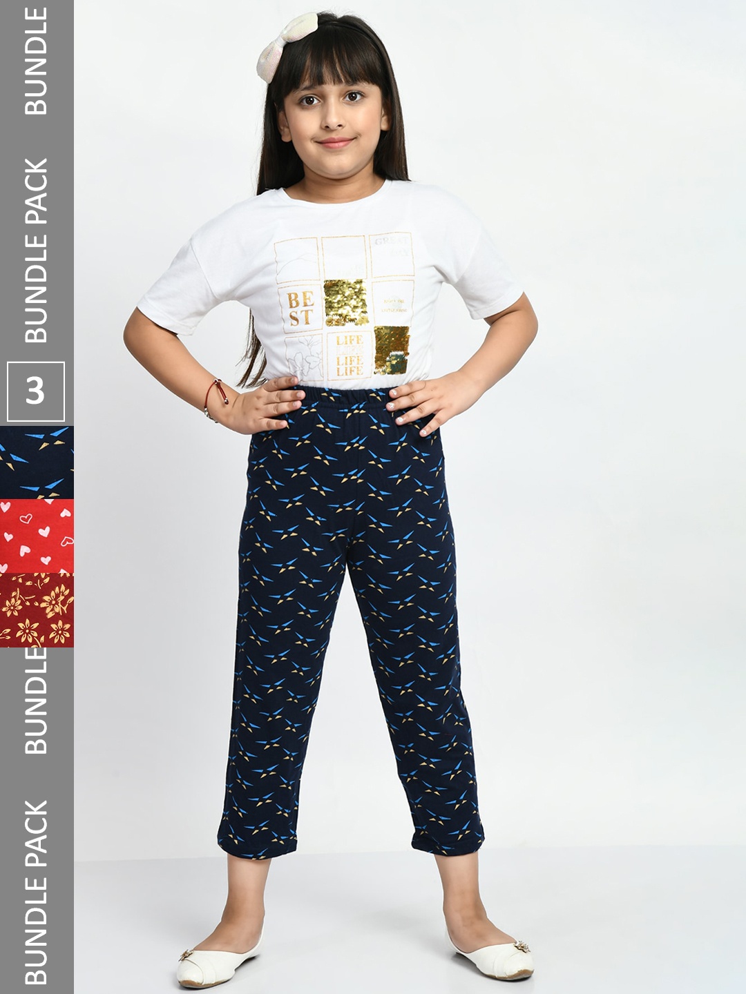 

BAESD Girls Pack Of 3 Printed Cotton Lounge Pants, Navy blue
