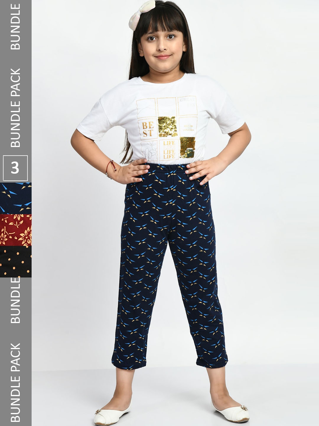 

BAESD Girls Mid-Rise Pack Of 3 Cotton Printed Lounge Pants, Navy blue