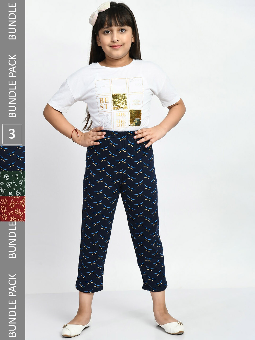 

BAESD Girls Set Of 3 Printed Cotton Lounge Pants, Navy blue
