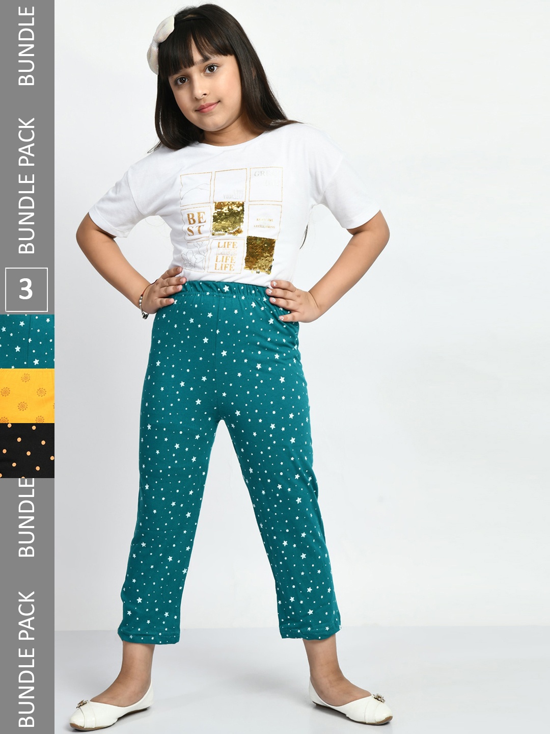 

BAESD Girls Pack Of 3 Pure Cotton Printed Lounge Pants, Teal