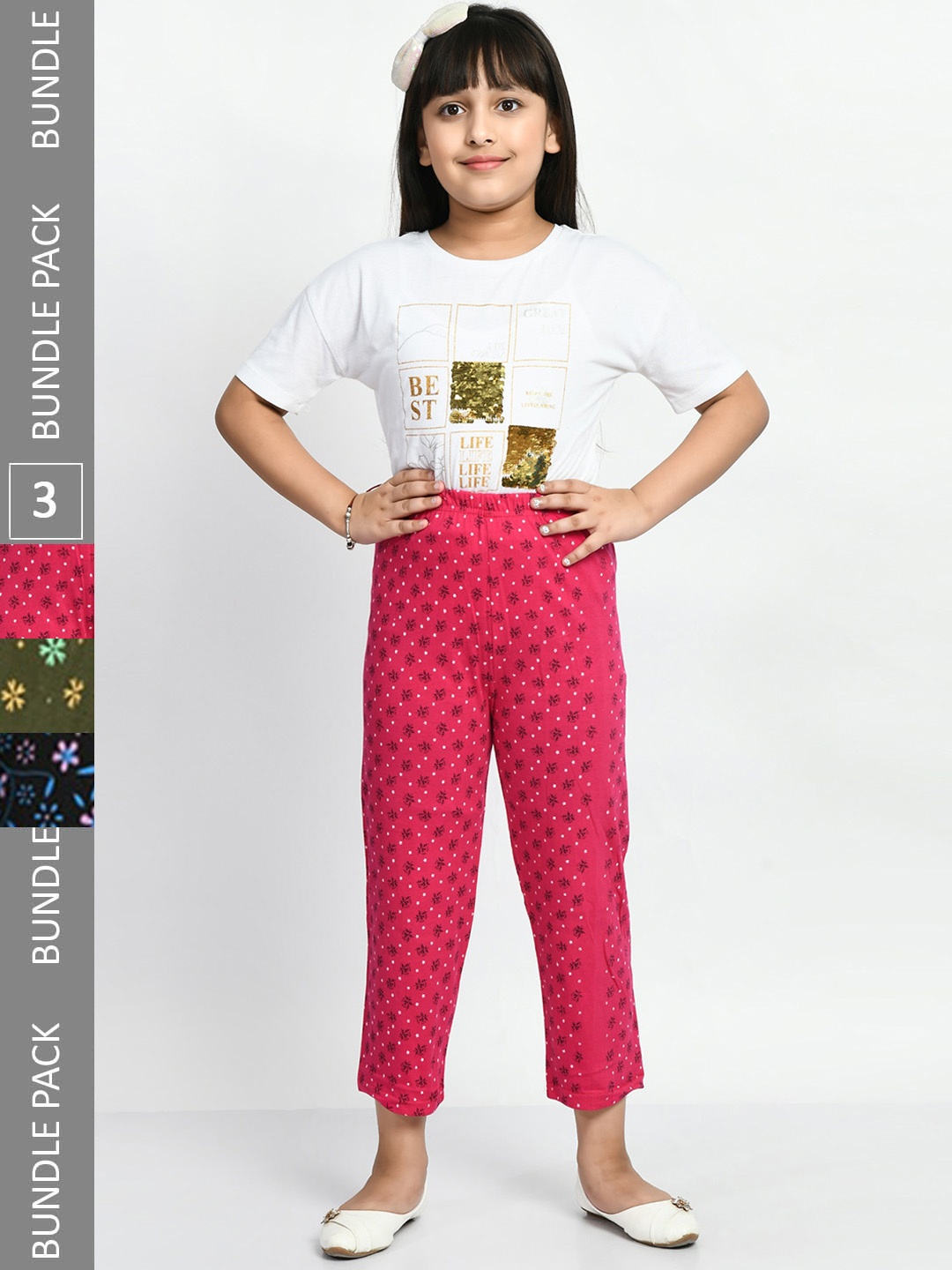 

BAESD Girls Pack Of 3 Pure Cotton Printed Lounge Pants, Pink