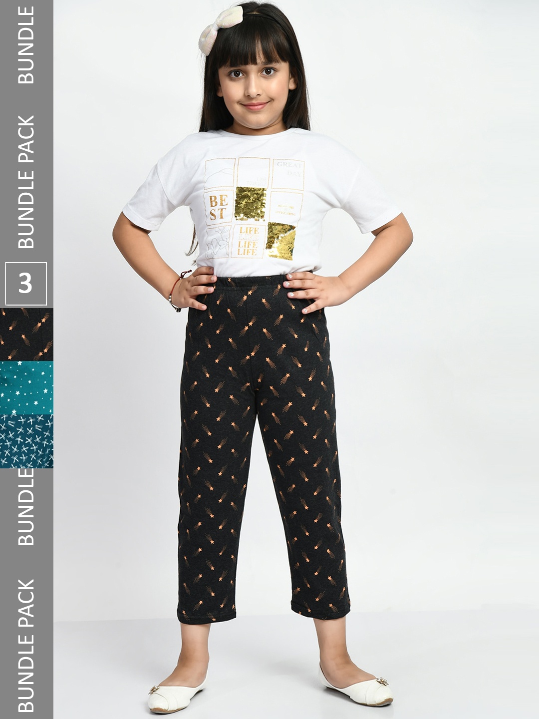 

BAESD Girls Pack Of 3 Conversatioanl Printed Pure Cotton Lounge Pants, Black
