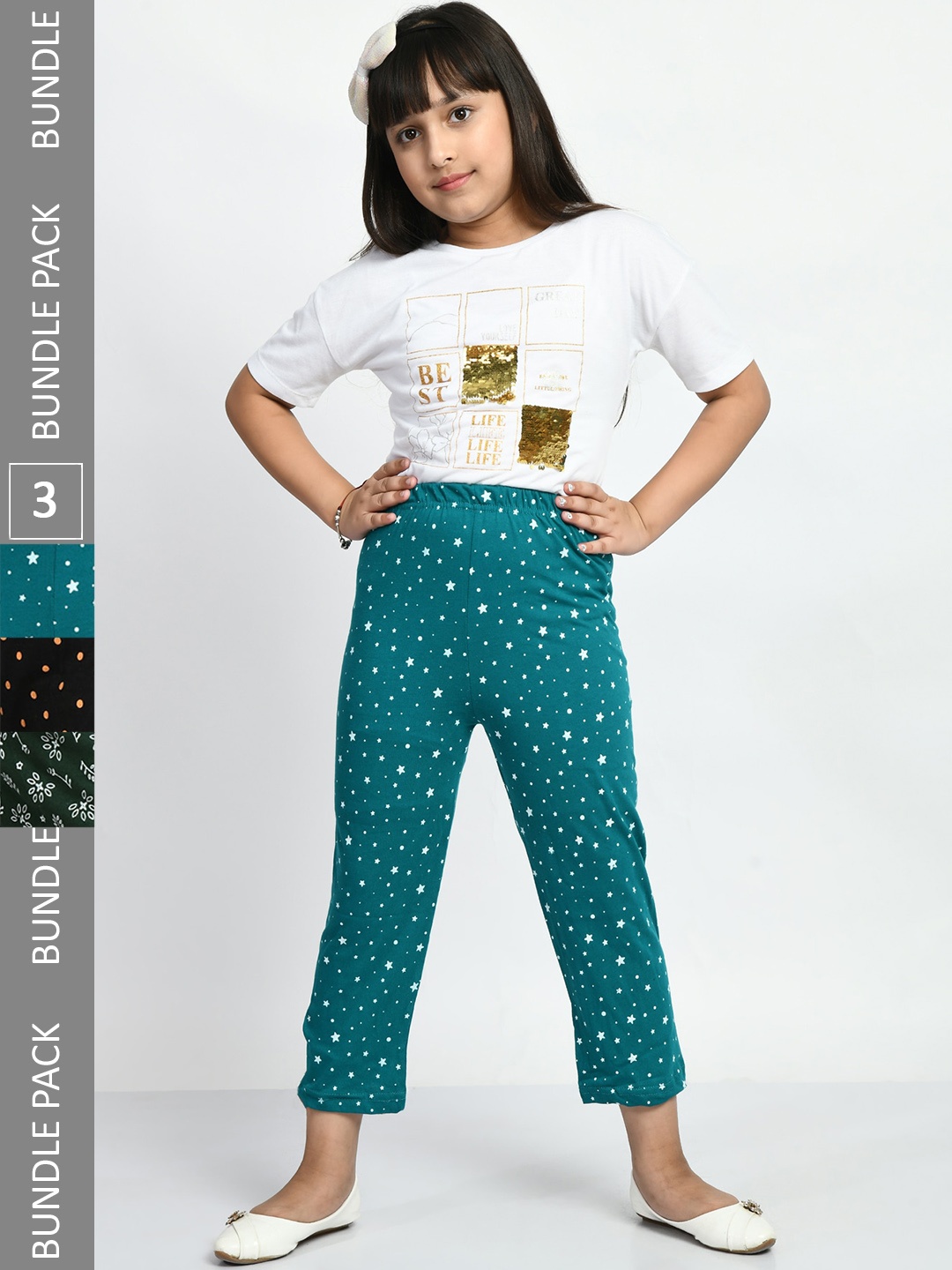 

BAESD Girls Pack Of 3 Conversatioanl Printed Pure Cotton Lounge Pants, Green