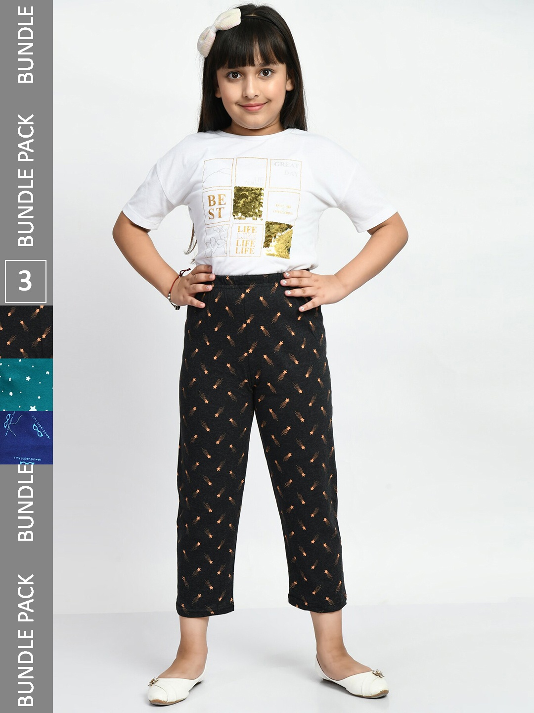 

BAESD Girls Pack Of 3 Printed Pure Cotton Lounge Pants, Black